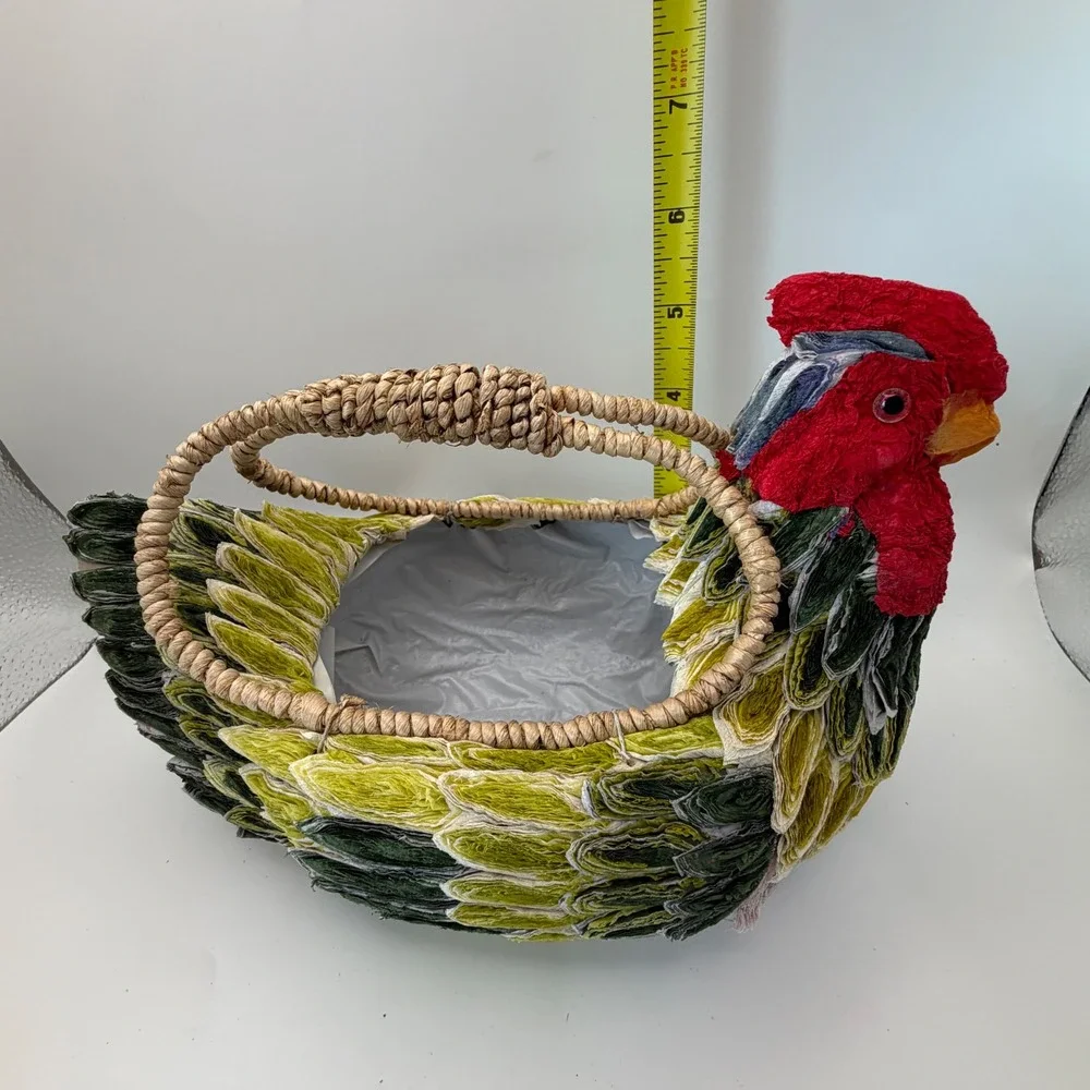 Vintage Style Handcrafted Chicken Rooster Basket Green Red Woven Farmhouse Decor